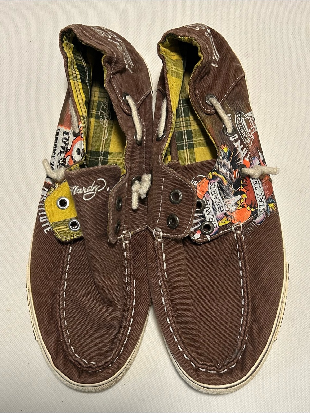 Ed Hardy Men’s Brown Canvas Slip-On Shoes with Graphic Detail